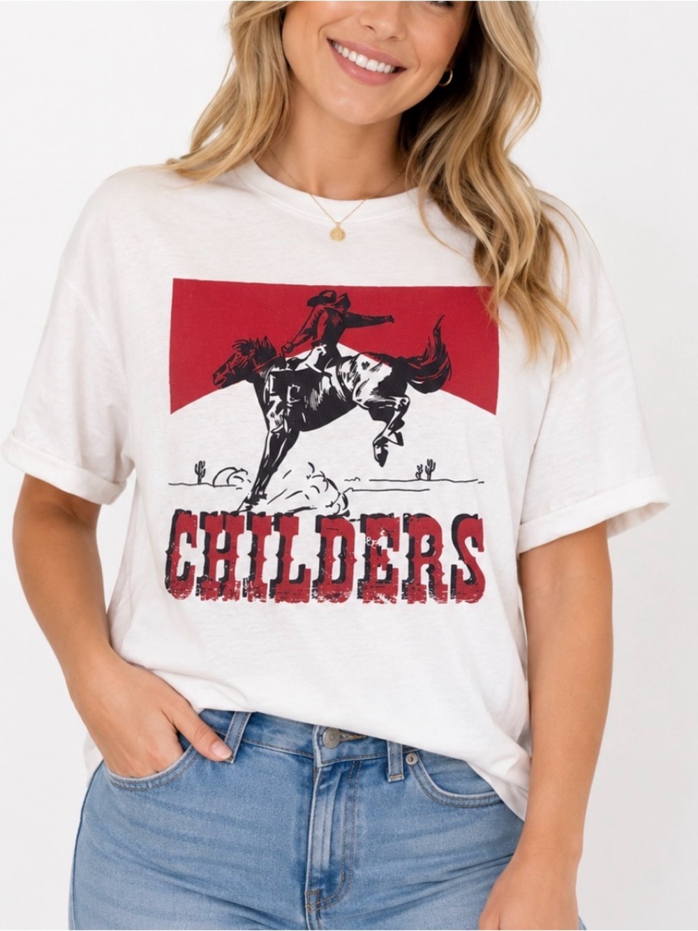 Port Authority Childers White Graphic Tee with Red & Black Rodeo Print SZ M